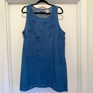 Vtg 90s denim jumper dress women’s size Large embroidered leaves cottage core